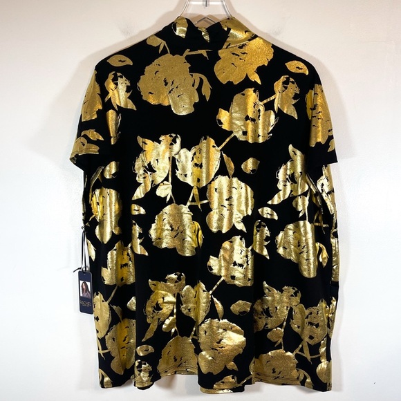 NWT Rachel Roy Black Gold Foil Metallic Floral V Neck Blouse short size size 1X - Picture 6 of 7